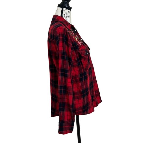 Zara Basic Women's Size M Top Red Plaid Embroidered Beaded Button Up Shirt - Picture 2 of 6